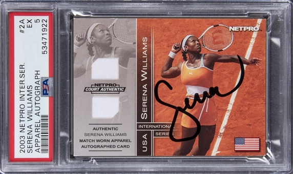 2003 NetPro International Series Apparel Autograph #2A Serena Williams Signed Rookie Dual Patch Card (#001/100) - PSA EX 5
